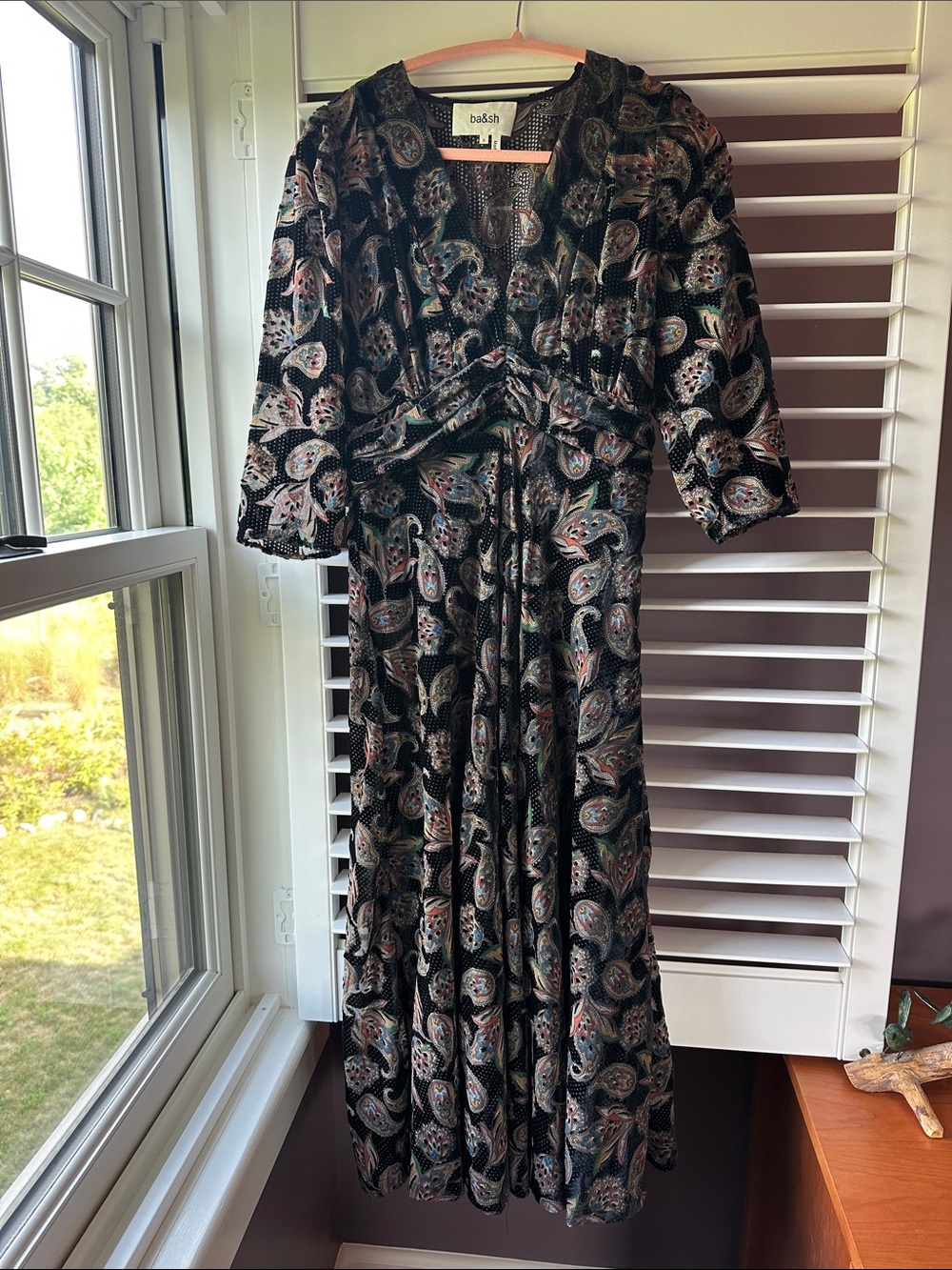 ba&sh Black Paisley Velvet Maxi Dress with Pink and Blue Accents